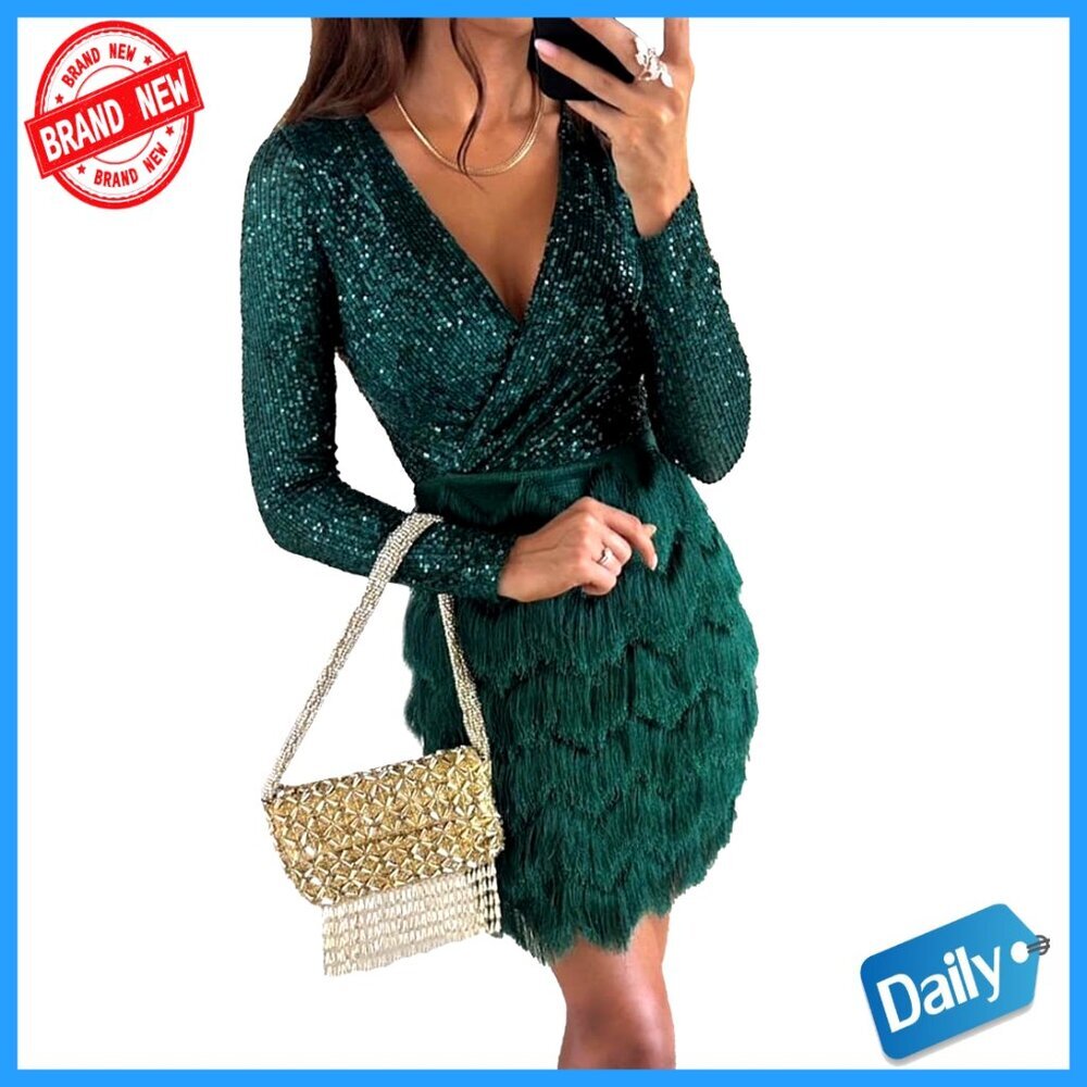 Long Sleeve Sequin Pencil Mini Dress with Fringe Skirt for Cocktail Parties
